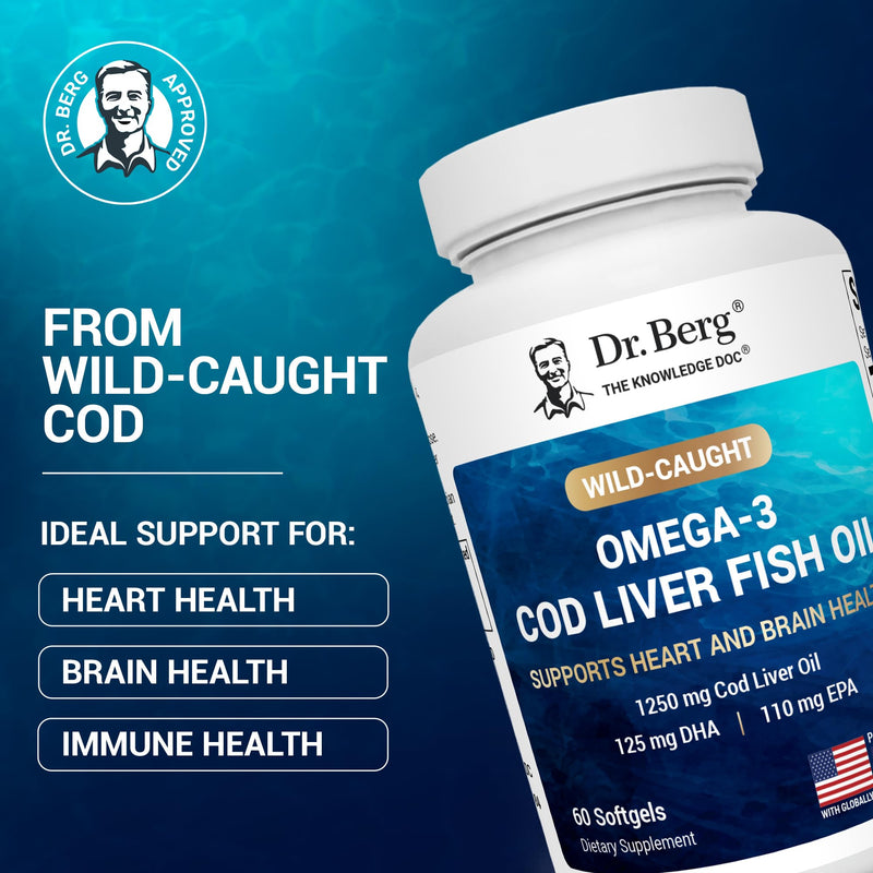 Dr. Berg Maximum Strength Omega-3 Cod Liver Fish Oil (1250 mg) from Wild-Caught Cod - Lemon-Flavored Omega-3 Fish Oil for Women & Men - EPA DHA Supplement ‚Äì 60 Softgels