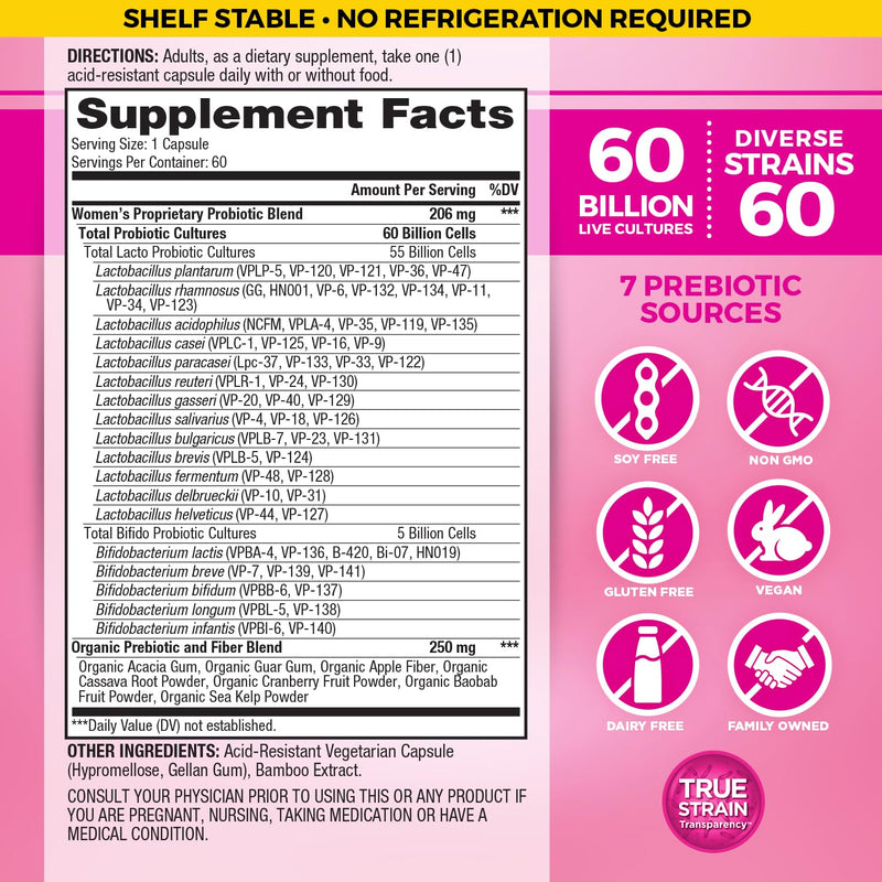 Vital Planet - Vital Flora Women’s Daily Probiotic 60 Billion CFU, 60 Diverse Strains, 7 Organic Prebiotics, Vaginal and Immune Support, Bloating, Digestive Health Probiotics for Women 30 Capsules