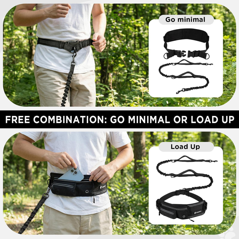 Hands Free Dog Leash with Waist Pack Featuring 2 Metal Clips - Adjustable Leash with Reflective Stitching and Shock Absorbing Design for Walking, Jogging, Hiking, Running and Training Pets