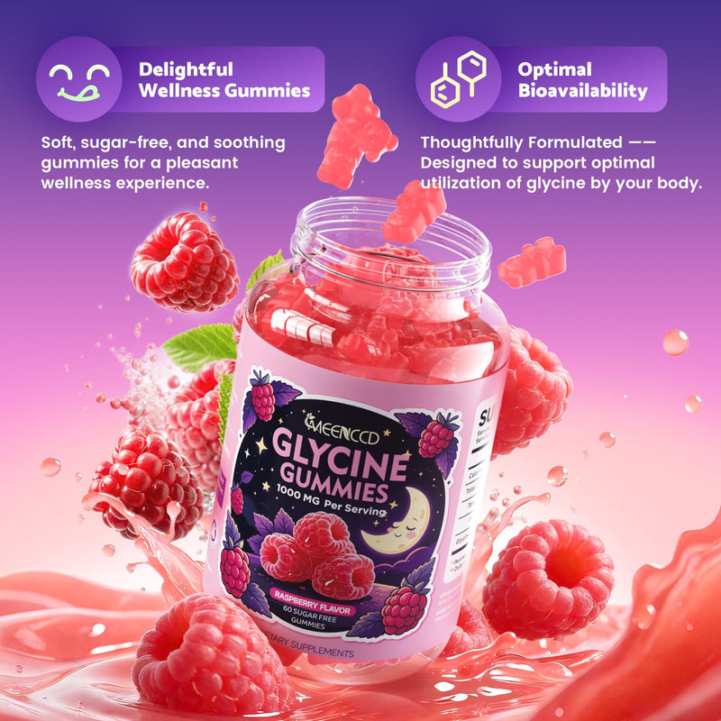 2 Pack Glycine Gummies, Glycine Supplement for Relaxation and Nerve Support | Sugar-Free, Vegan, Non-GMO, Raspberry Flavor, 120 Count 60 Count (Pack of 2)