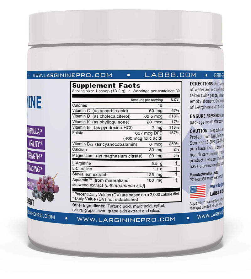 L-Arginine PRO | 5,500mg L-Arginine Plus L-Citrulline 1,100mg Grape Powder Drink Mix Supplement for Increased Nitric Oxide Production 13.97 Ounce (Pack of 1)