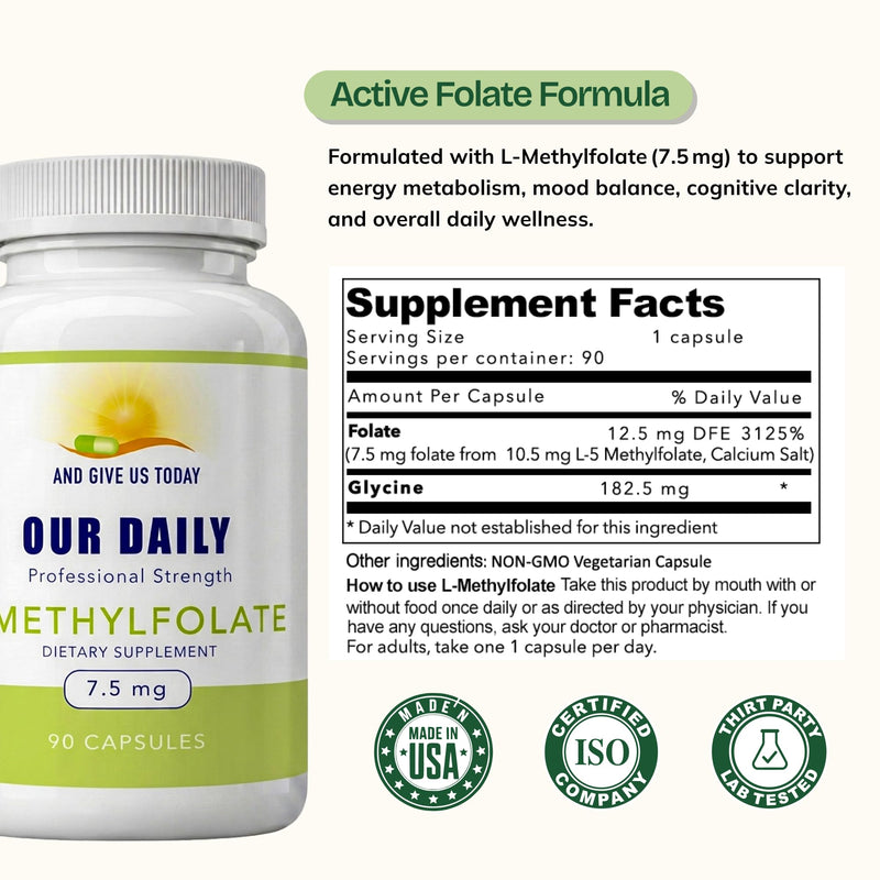 Our Daily Vites, L Methylfolate 7.5mg – Active 5-MTHF Methylated Folate Supplement for Women & Men – Methyl Folate for Brain Health, Focus & Mood Support – Gluten Free,Non-GMO– 90 Capsules,90 Servings
