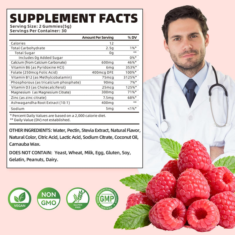 softbear Calcium Magnesium Zinc Gummies for Women, Calcium Magnesium Supplement with Vitamin D3 for Bone Strength, Vegan/Sugar-Free, Raspberry Flavor 60 Count 60 Count (Pack of 1)