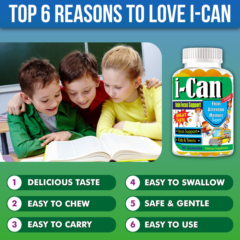 I-Can Kids Focus Gummies with Omega 3 DHA, Children’s Brain Support Vitamins, Memory Gummies for Teens, Focus Gummies for Kids, Youth Daily Supplement, Non-Fishy Taste, Low Sugar, 60 Count