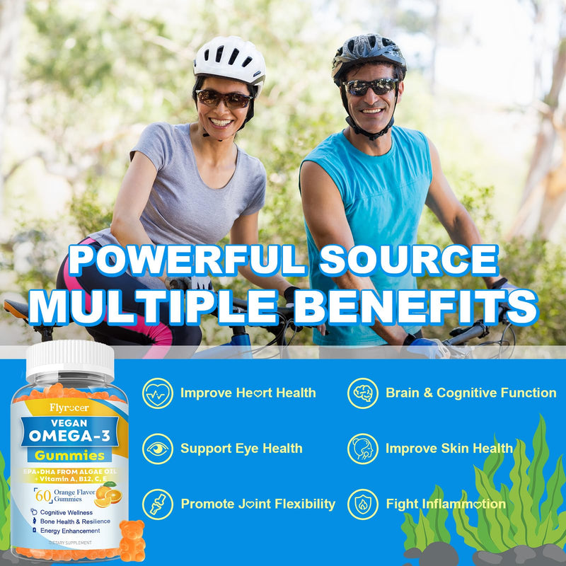 Vegan Algal Oil Omega 3 Gummies Supplement for Adults Sugar Free, 120 Count | Omega 3 With DHA, EPA & 10 Essential Vitamins, Fish Oil Alternative - Support Brain, Eye & Immunity, Orange Flavor 60 Count (Pack of 2)