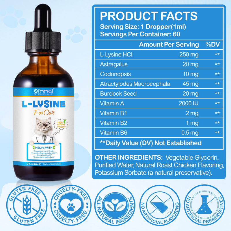 L-Ysine Supplement For Cats - Lysine Drops For Immune Support, Comprehensive Care For Feline Wellbeing, Suitable For Sensitive Cats, A Glossy Coat, Eye Care & Nose Care 60Ml