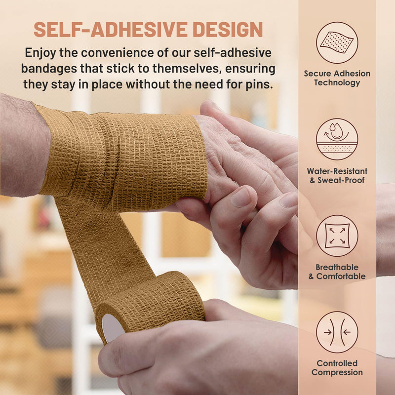 Self Adherent Wrap - Bulk Pack of 6, Athletic Tape Rolls and Sports Wraps, Self Cohesive Non-Woven Adhesive Bandage (3 in x 5 Yards) for Ankle Sprains & Swelling 6 Count (Pack of 1) Beige - BeesActive Australia