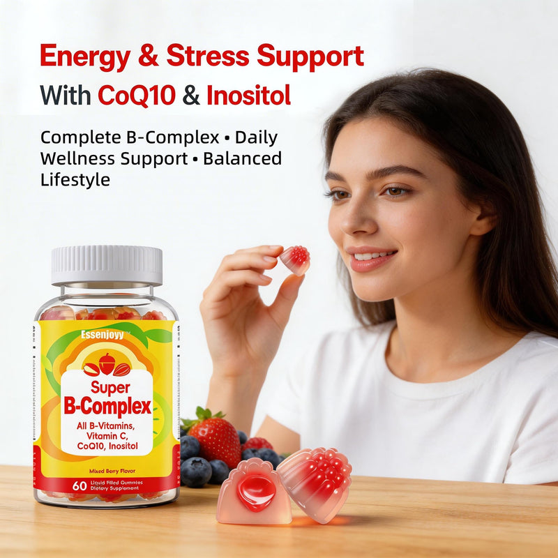 Liquid-Filled B Complex Gummies for Daily Routine, Juicy Berry Flavor, Complete B Vitamins with Vitamin C, CoQ10 & Inositol, Easy to Enjoy, 60 Gummies x 2 (120 Total) 60 Count (Pack of 2)