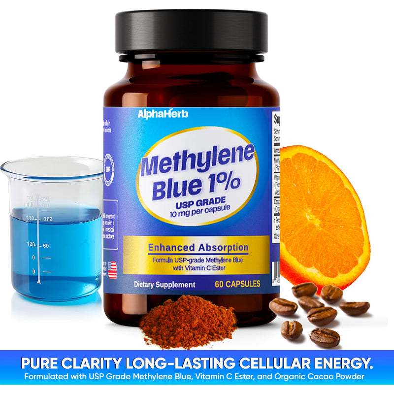 Methylene Blue Pharmaceutical Grade, USP Grade – Enhanced Absorption with Vitamin C Ester & Cacao Powder – Energy, Antioxidant Support & Cognitive Focus – 60 Methylene Blue 1% Vegan Capsules Capsule