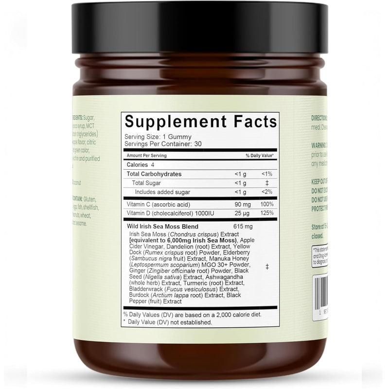 Sea Moss Gummies 16-in-1, Ashwagandha Black Seed Oil Bladder Wrack Turmeric Vitamin C, Apple Cider Vinegar, Non-GMO (Green Apple)