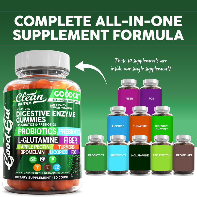 Clean Nutraceuticals Digestive Enzymes with Probiotics & Prebiotics for Digestive Health Gummies & L-Glutamine for Gut Health Bromelain Apple Pectin Inulin FOS Plant Based Vegan Gummy Vitamins 1