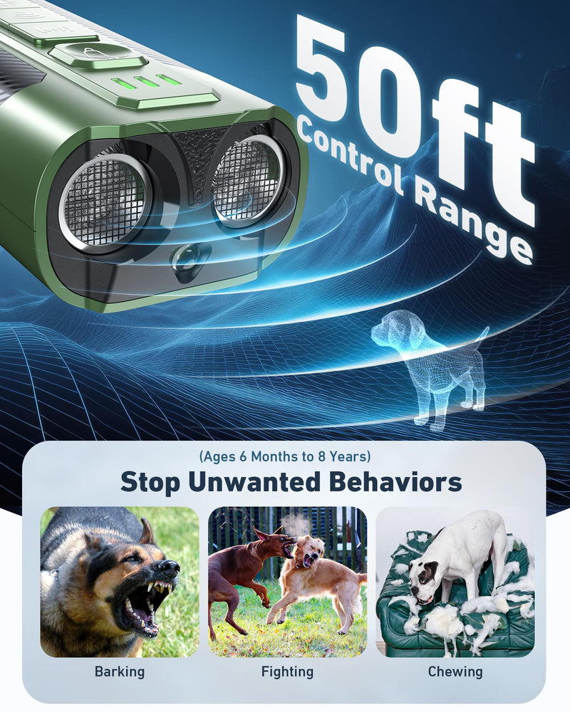 Dog Bark Deterrent Devices-Ultrasonic Anti Barking Device with 50ft Range, Rechargeable No Barking for Own or Neighbor's Dogs, Portable Safe for Pets/Humans, Green