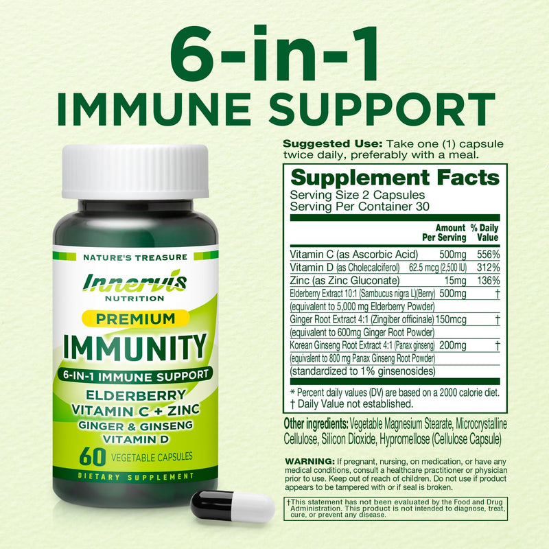 Immune Support 6-in-1 – Elderberry, Ginger, Korean Ginseng, Vitamin C 500mg, D3 2500IU, Zinc | Vegan Capsules – 1 Month Supply | Innervis Nutrition