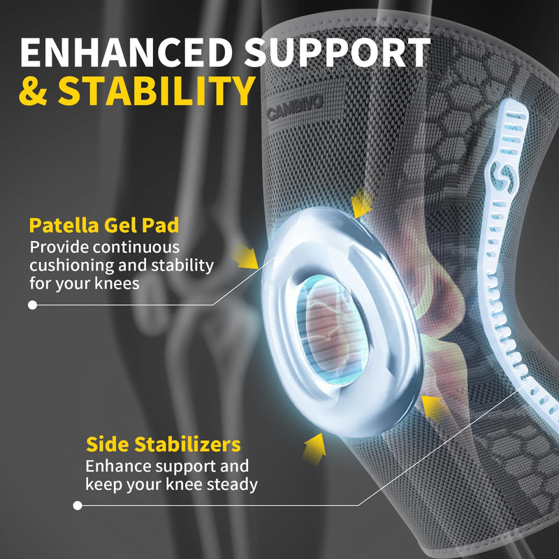 CAMBIVO 2 Pack Knee Brace for Men and Women, Knee Sleeves for Men with Patella Gel Pad and Side Stabilizers, Knee Compression Sleeves for Knee Pain Relief, Running, Workout, Daily Use Gray Large