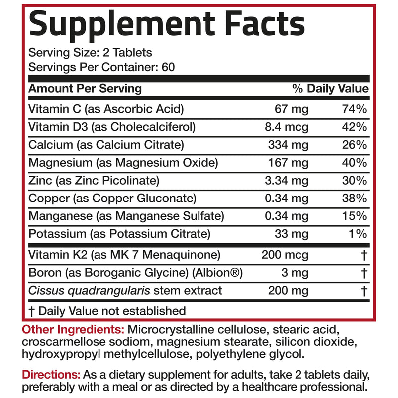 Bronson Bone Health & Strength Complex* High Potency Formula 200 MCG of Vitamin K2 as MK7, Plus Calcium, Boron, Cissus Quadrangularis, Magnesium, Vitamin D3, and More - Non-GMO, 120 Tablets 120 Count (Pack of 1)