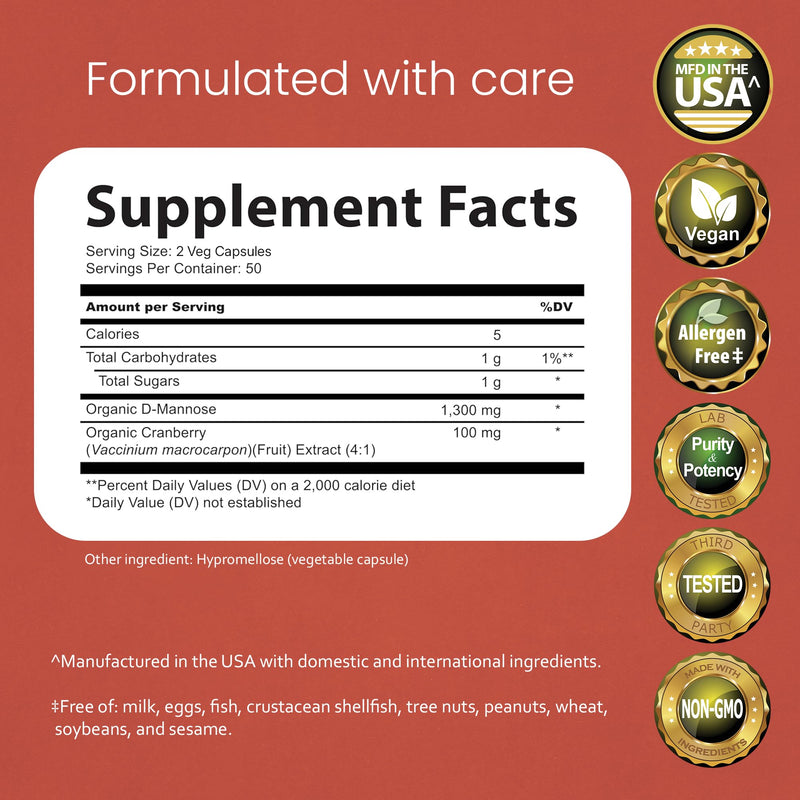 NaturaLife Labs Organic D-Mannose 1300 mg with Organic Cranberry Extract 100 mg per Serving – 100 Capsules – Non-GMO, Gluten-Free, Vegan 1 - BeesActive Australia