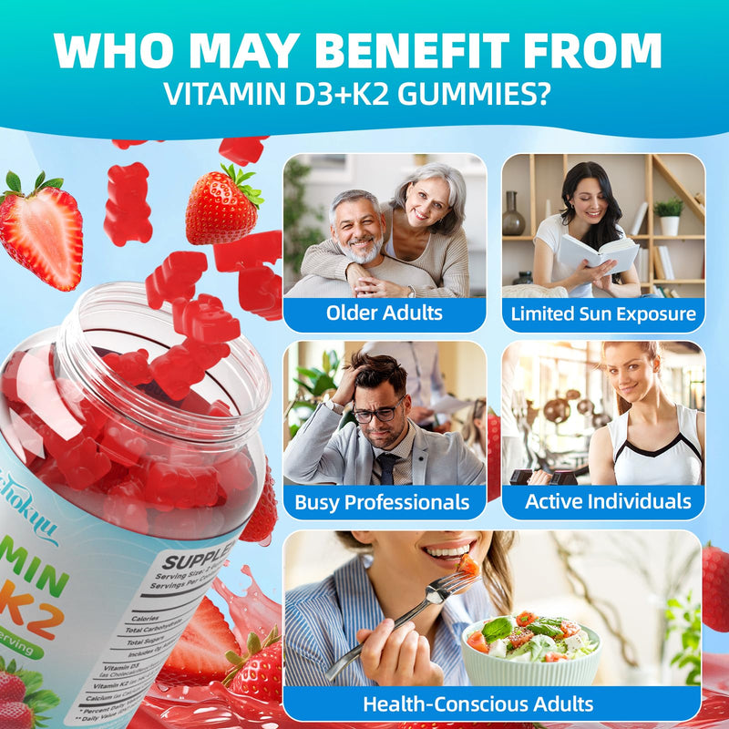Vitamin D3 K2 Gummies 5000IU Sugar Free Supplement, 120 Count | Vitamin D3 K2 Supplement 5000IU D3 & K2 200mcg, Non-GMO, Strawberry, Supports Bone & Calcium Absorption* for Daily Wellness