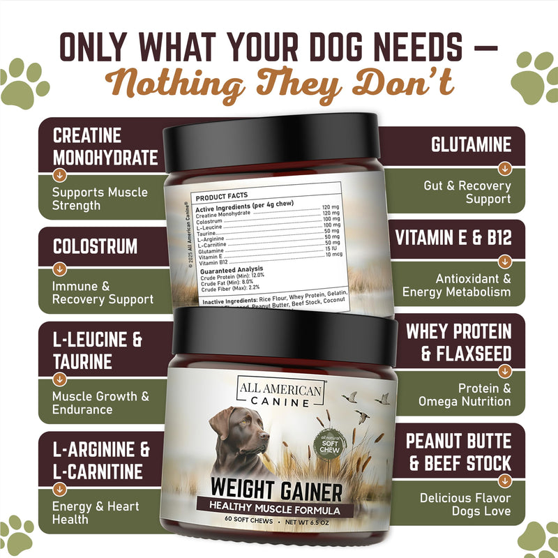 All American Canine Dog Weight Gainer Powder and Chews - High Calorie Food Supplement, Premium Quality Weight Gainer, Mass, Recovery, Appetite Stimulant