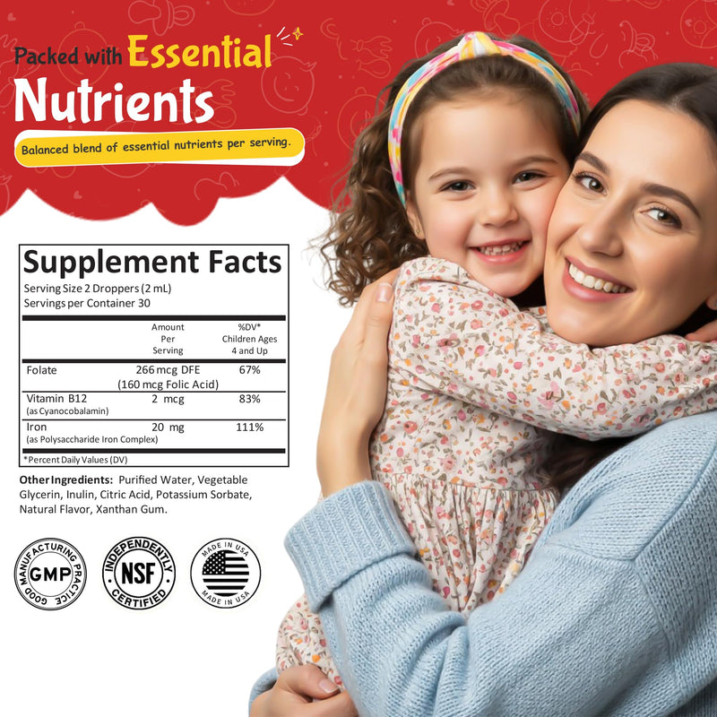 Iron Kids Liquid Drops with Vitamin B12 & Folate – 30 Daily Servings, 2 FL OZ (60 mL) – Gentle Formula, Sugar Free, Gluten Free, Vegetarian