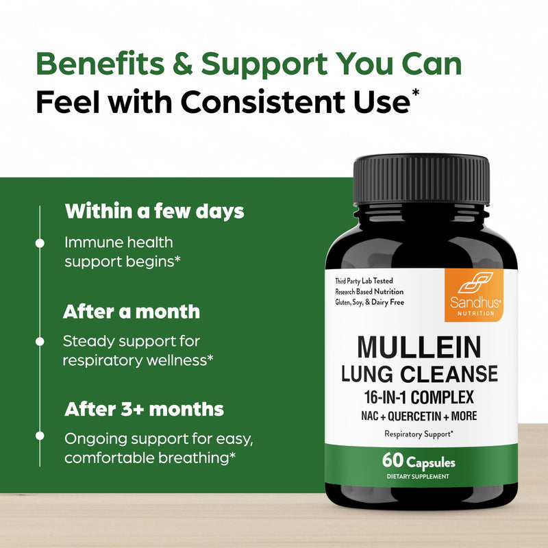 Sandhu's Mullein Capsules for Lungs with Quercetin | Mullein Leaf Extract Supplement for Immune, Lung & Respiratory Health Support | for Men & Women | 60 Count (Pack of 1)