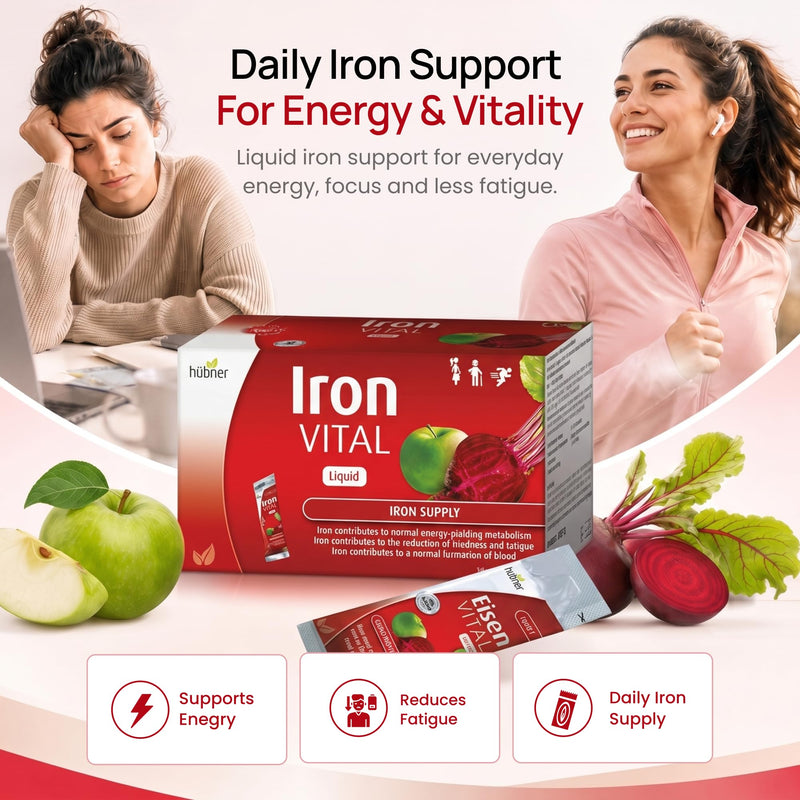 hübner Iron Vital Liquid Iron Supply Plus Vitamin C, Dietary Supplement for Adults and Kids, Vegan and Gluten-Free, Fruit Flavor, Box of 20 Packets, 10 ml Each
