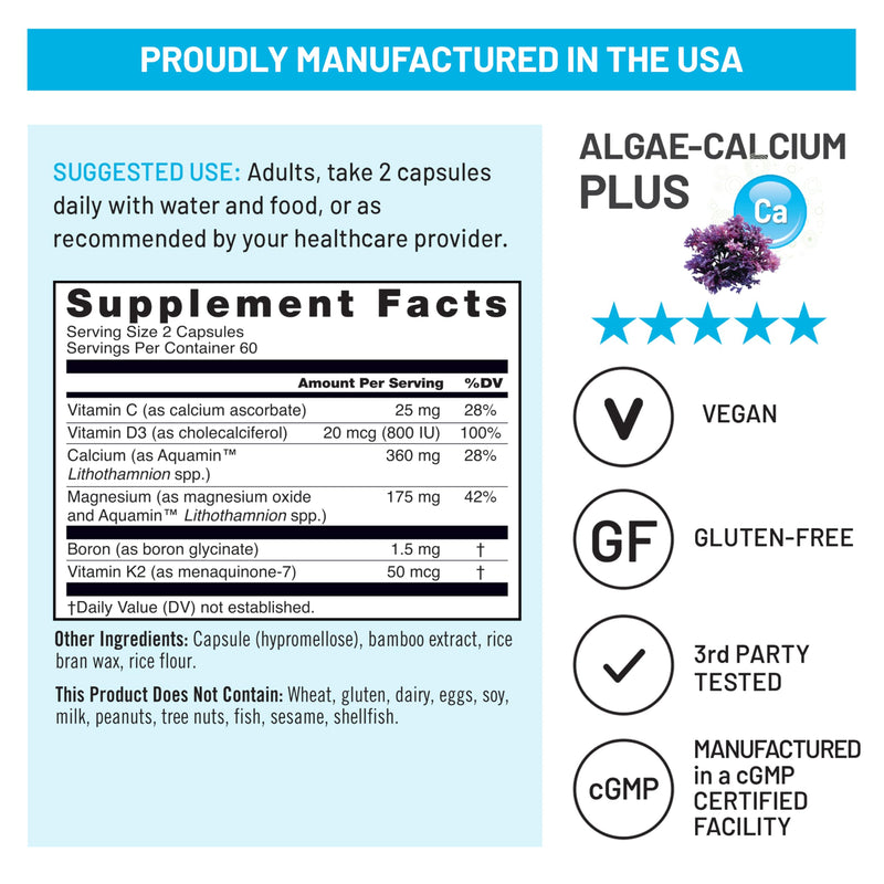 NatureWise Algae Calcium Plus - with Aquamin Calcium, Magnesium, Vitamin C, D3, and K2 - Vegan Algae Calcium Supplements for Women & Men - Bone Health Support - Non-GMO - 120 Capsules[60-Day Supply]
