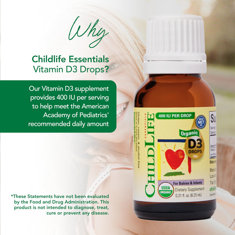 ChildLife Essentials Organic Infant Vitamin D3 Drops 0.21 Fl Oz (1 Pack) | Newborns, Baby Vitamin D Drops, 400 IU per Serving, Immune Teeth & Bone Health Support, USDA Organic, Flavorless 0.21 Fl Oz (Pack of 1)