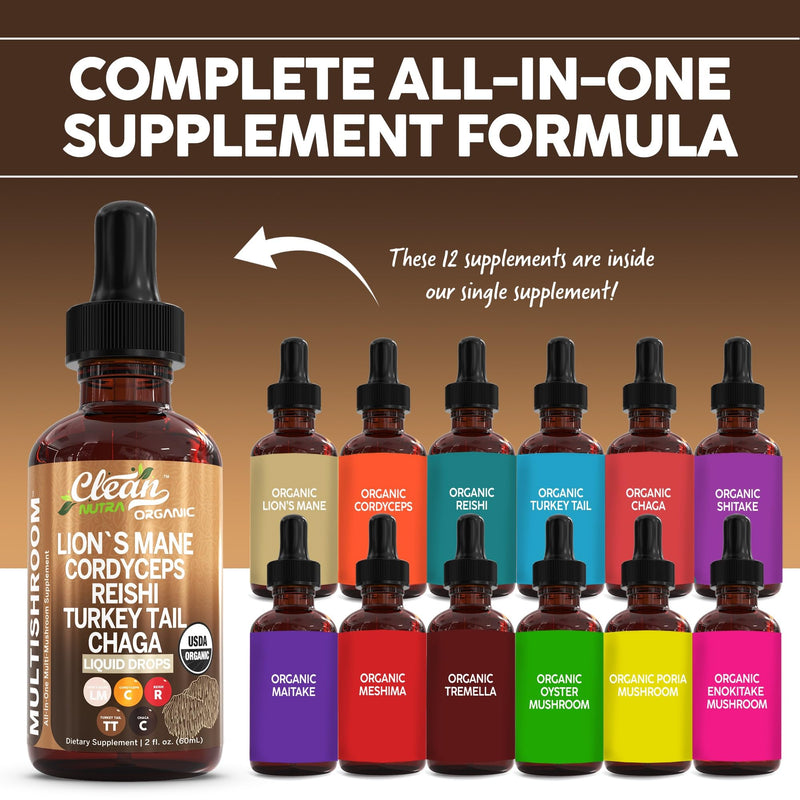Organic Lions Mane Mushroom Supplement Liquid Drops + Turkey Tail Cordyceps Reishi Chaga Shitake Maitake Tremella Oyster Mushrooms Poria and Enokitake Complex Blend by Clean Nutra 1