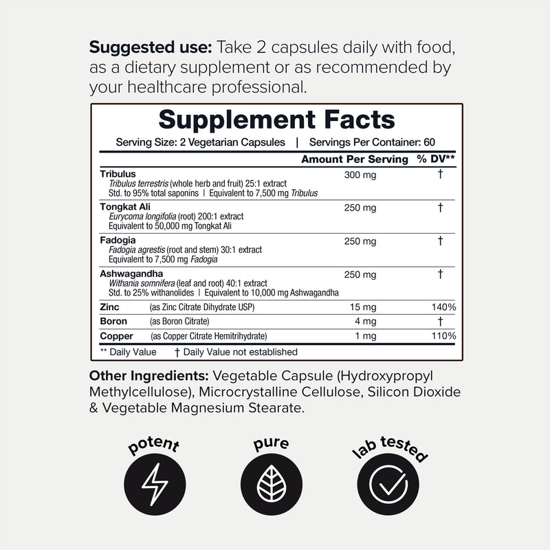 Elite T Formula: 75,000mg Power Capsules - Enhanced with Tribulus (95% Saponins), 200:1 Tongkat Ali, 30:1 Fadogia, 25% Withanolides Ashwagandha - Zinc, Boron, Copper - 120 Caps, 60 Servings 120 Count (Pack of 1) - BeesActive Australia