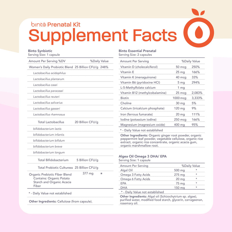 Binto Prenatal Kit - 4-in-1 Supplements for Healthy Mom & Baby - 30 Day Supply - Multivitamin, Probiotics, Iron, DHA, Methylated Folate & Folic Acid - Non-GMO, Gluten-Free, Vegetarian