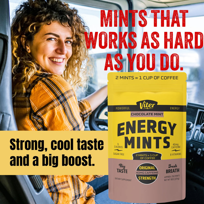 Viter Energy 40mg Caffeine Mints - Sugar Free, B Vitamins, Vegan, Boosts Fast Energized Alert Focus, Caffeinated Nootropic Supplement Pills (Chocolate Mint Flavor, 8oz, Bulk Bag) Chocolate Mint 250 Count (Pack of 1)