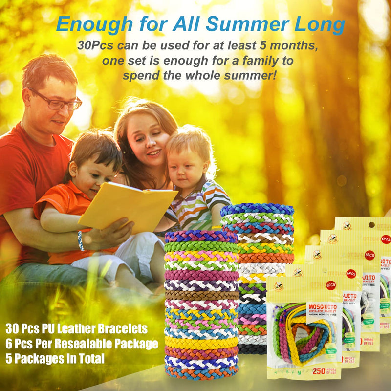 Mosquito Repellent Bracelets, 30 Pack PU Leather Braid Natural Bug Insect Repellent Wristbands for Kids Adult Outdoor Camping Fishing Traveling - BeesActive Australia