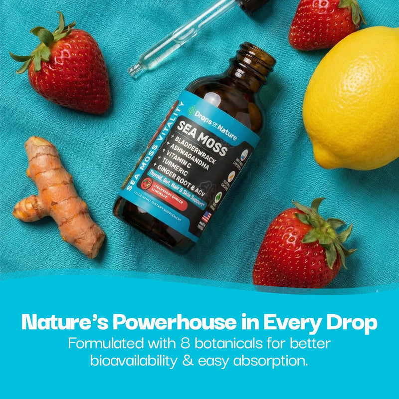 Drops Of Nature Sea Moss Vitality Drops - Strawberry Ginger Lemonade, 60 mL | 7-in-1 Vitality Blend with Seamoss, Ashwagandha, Vitamin C, Tumeric, Apple Cider Vinegar, Ginger & Bladderwrack, Vegan Drops