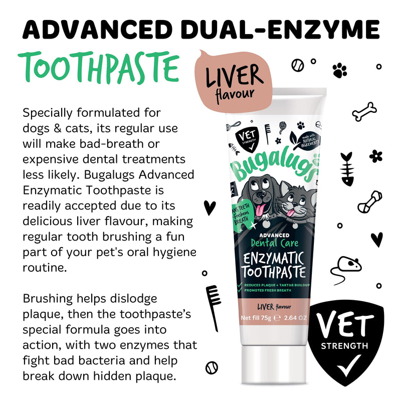 Bugalugs Dental Enzymatic Dog Toothpaste & Cat Toothpaste for Dog Teeth Cleaning, Dog Breath Freshener, Dog Plaque Remover & Tartar for Pets use with Our Dog Toothbrush & Cat Toothbrush (Liver 75g)