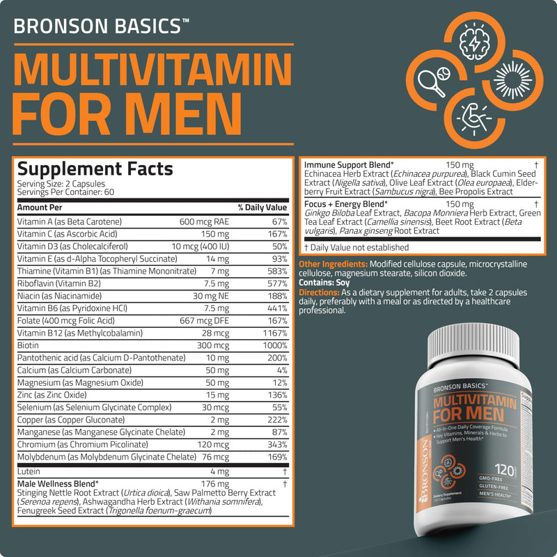 Bronson Multivitamin for Men All-in-One Daily Coverage, 120 Capsules | Once-Daily Men's Wellness Formula with Immune, Focus & Energy Support, Ashwagandha & Saw Palmetto, Non-GMO & Gluten-Free 120 Count (Pack of 1)