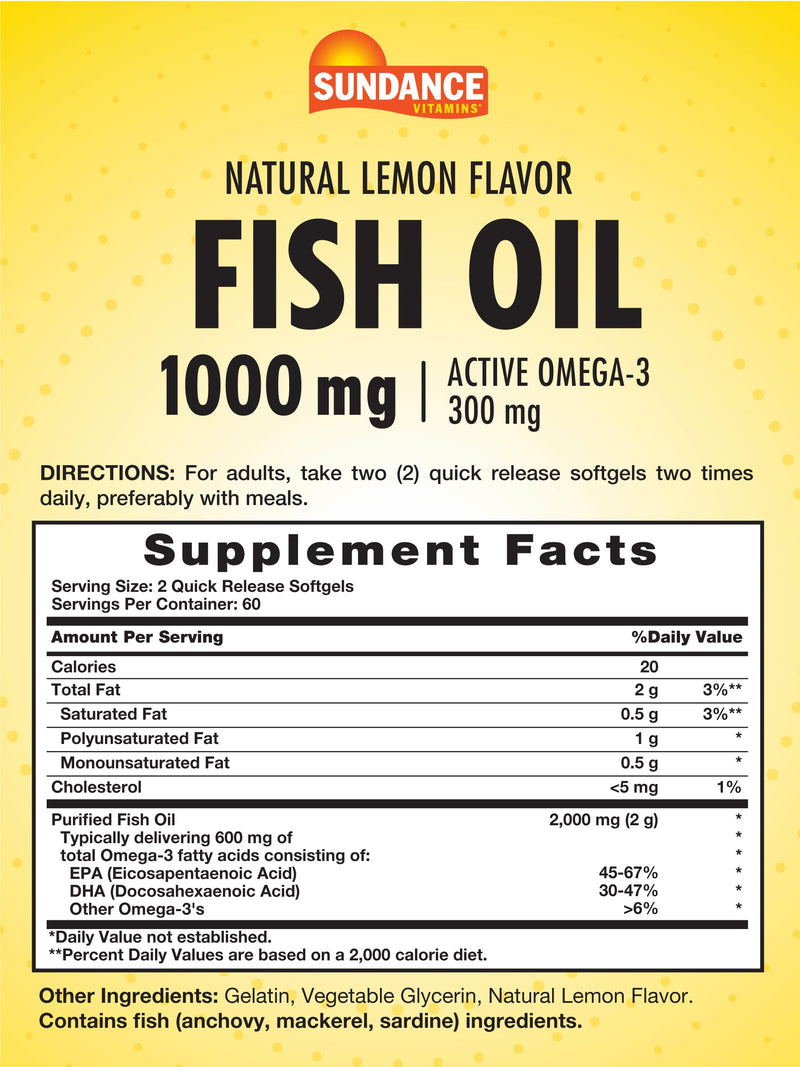 Sundance Fish Oil Softgels 1000mg | 120 Count | Purified to Eliminate Mercury | with 300mg Active Omega-3 | Natural Lemon Flavor | Non-GMO and Gluten Free Supplement