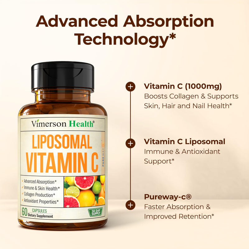 Liposomal Vitamin C 1000mg - Premium Absorption Vitamin C Powder - Immune Support Supplement - Vitamina C 1000mg - High Potency for Antioxidant Support - Gentle on Digestion & Fast Uptake. 60 Capsules 60 Count (Pack of 1)