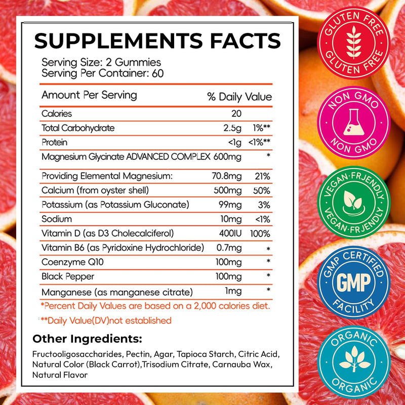 Magnesium Glycinate Gummies, High Absorption Magnesium Complex, Grapefruit | Magnesium Glycinate Gummies with Calcium, Vitamin B6 & D3. Sugar Free Chews, 120 Count, Supports Relaxation & Nighttime 120 Count (Pack of 1)