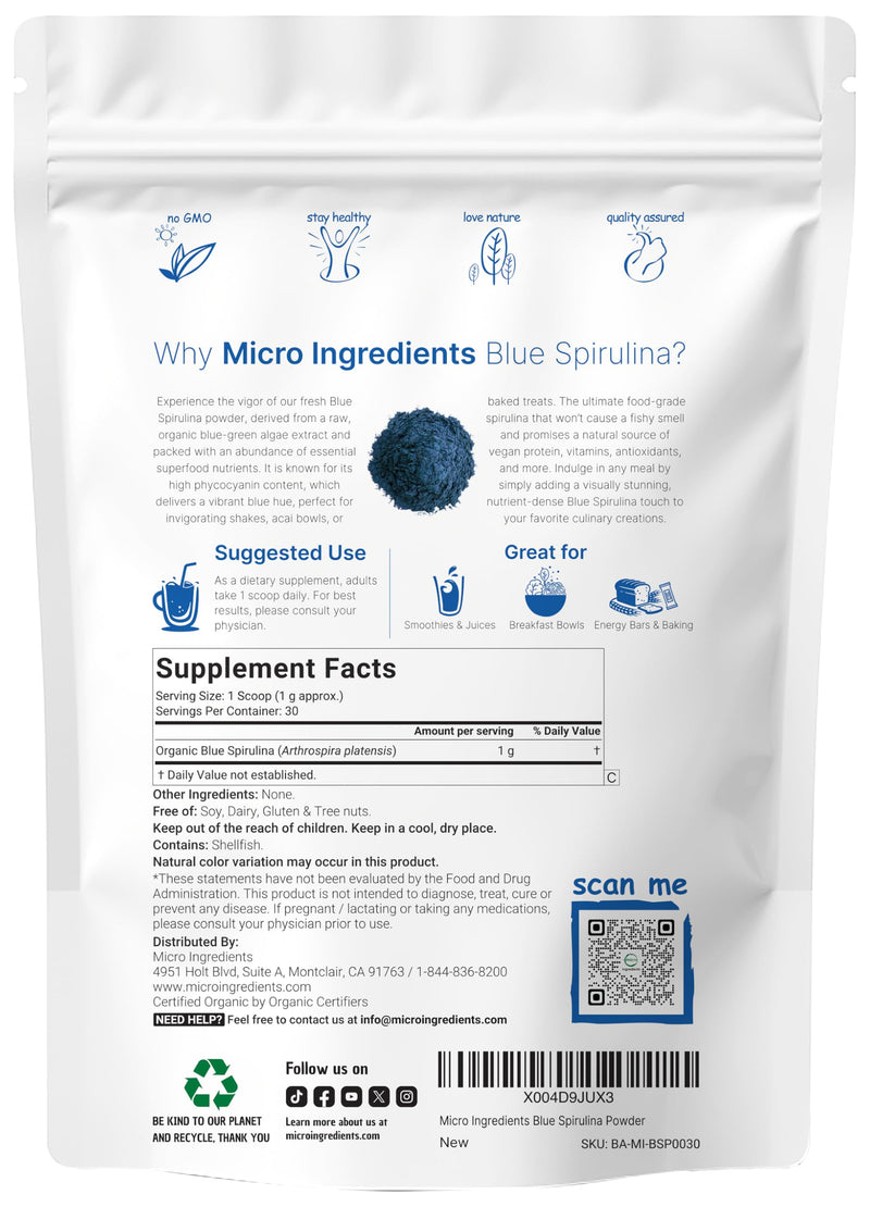 Organic Blue Spirulina Powder (Phycocyanin Extract), 30 Servings - No Fishy Smell, 100% Vegan Protein from Blue-Green Algae, Natural Luminous Food Coloring for Smoothies, Baking, Drinks & Cooking - BeesActive Australia
