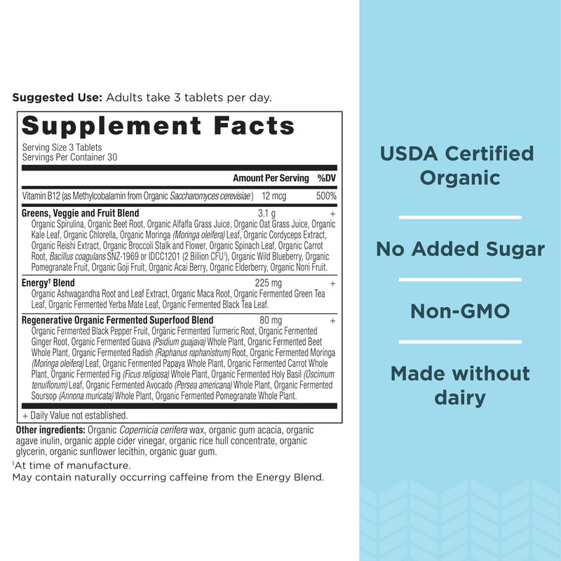 Ancient Nutrition Organic Super Greens Energize Capsules + Probiotics Multivitamin