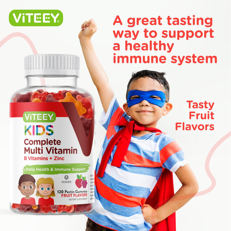 Viteey Kids Multivitamin Gummies, Complete Daily Essential Kids Vitamins | Great for Immune Support & Overall Health - 12 Essential Minerals & Vitamins - Vegetarian, Gelatin Free- Fruit Flavor Gummy 120 Count (Pack of 1)