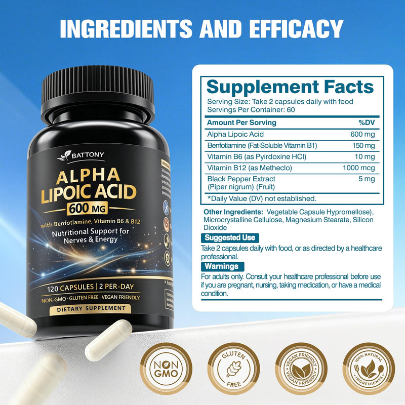 Battony Alpha Lipoic Acid 600 mg with Benfotiamine, Vitamin B6 & B12, Non-GMO, Gluten Free, Vegan Friendly Lab Tested, ALA Supplement 120 Capsules,2 Month Supply
