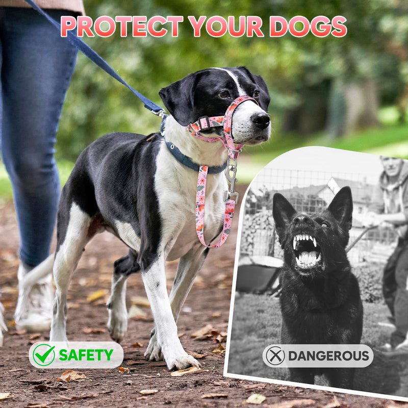 Dog Head Collar, Printed No-Pull Headcollar, Adjustable Dog Head Halter Gentle Lead with Safety Link, 3 Colors Muzzle Leash for Small Medium Large X-Large Dogs Easy Walks(Large, Mimosa) - BeesActive Australia