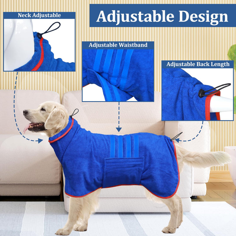 Dog Drying Coat - Fast Drying Dog Bathrobe Towel,Super Absorbent Dog Bath Robe,Microfibre Quick Drying Warm Keeping Dog Robes with Adjustable Collar and Waist (Blue, X-Large) Blue - BeesActive Australia