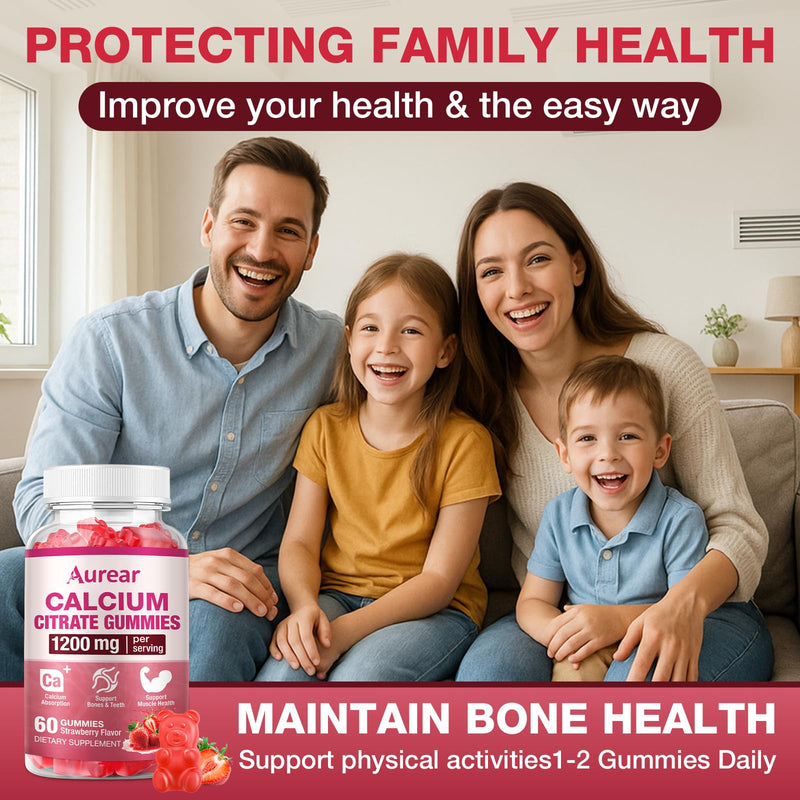 2Pack Calcium Citrate Gummies, 1200mg Chewable Calcium Supplement for Men & Women, Muscle & Bone Support, Strawberry Flavor, 120 Count 60 Count (Pack of 2)
