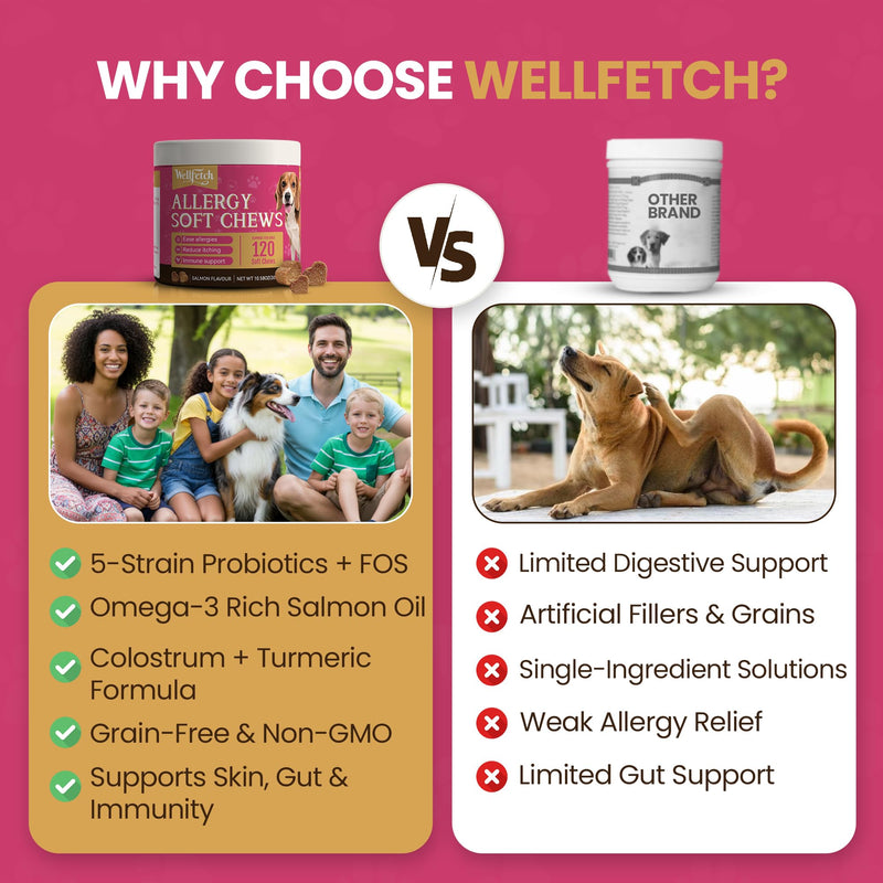 Dog Allergy and anti itch for dogs Soft Chews with Salmon oil, Colostrum & Turmeric for Itching, Skin Health, Anti Itch Natural Grain Free Treats, 120 Chews by wellfetch- Salmon Flavour 1