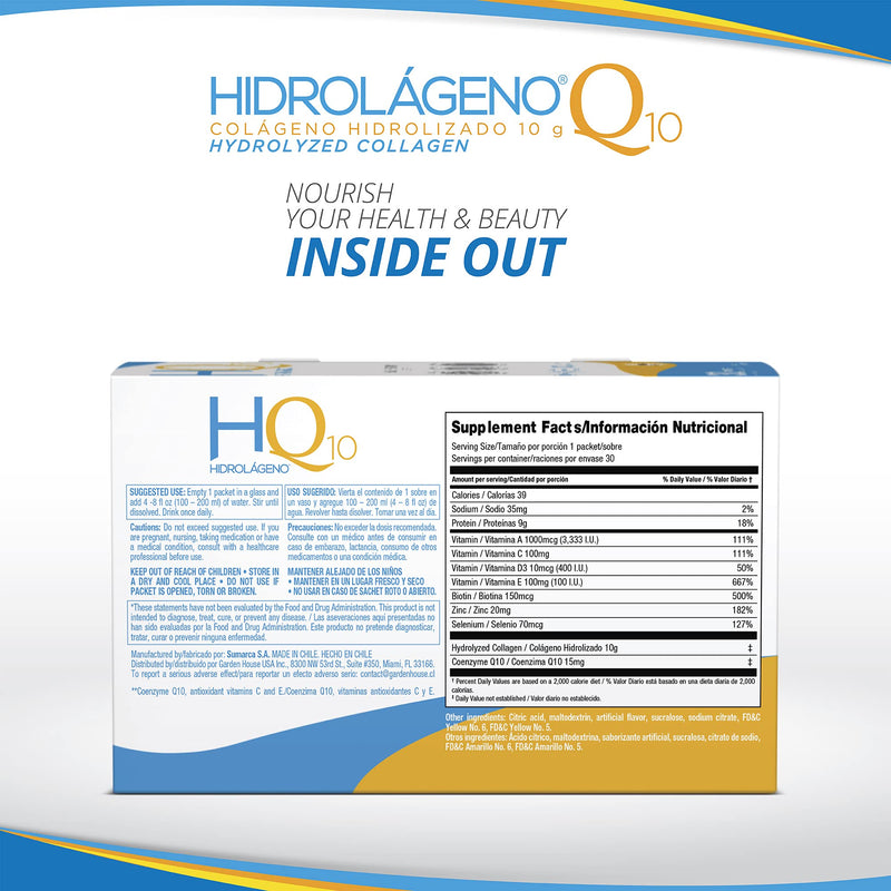 Hidrolageno Q10, Hydrolyzed Collagen, Vitamins, ZINC, Antioxidants, 30 sachets per Pack, 4.2 Ounce (Pack of 1)