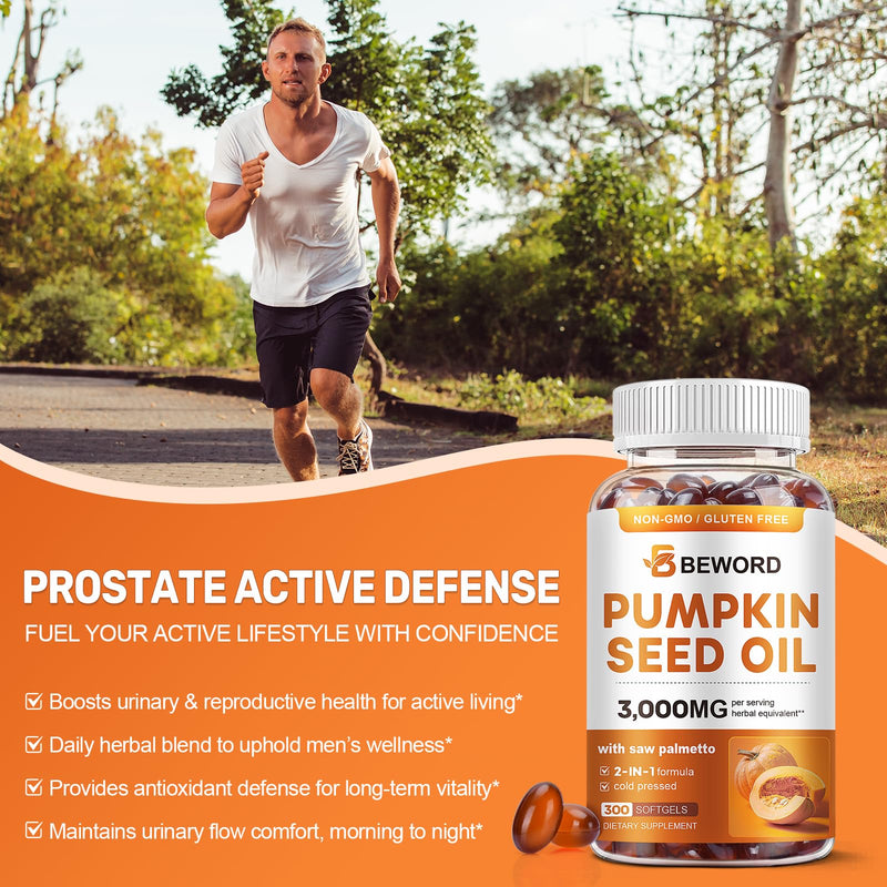 Pumpkin Seed Oil with Saw Palmetto Softgels, 3000mg Per Serving, 300/600 Softgels | Cold-Pressed with Essential Fatty Acids & Phytosterols | Supports Hair, Urinary, Bladder & Prostate Health | Non-GMO - BeesActive Australia