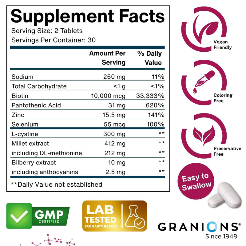 Granions Biotin 10,000 mcg Hair, Skin and Nails Pills - Extra Strength Biotin Complex with Zinc, Selenium, Millet, Bilberry, Aminos - Hair Growth Vitamins Supplement for Women & Men - 60 Tablets Biotin Tablets