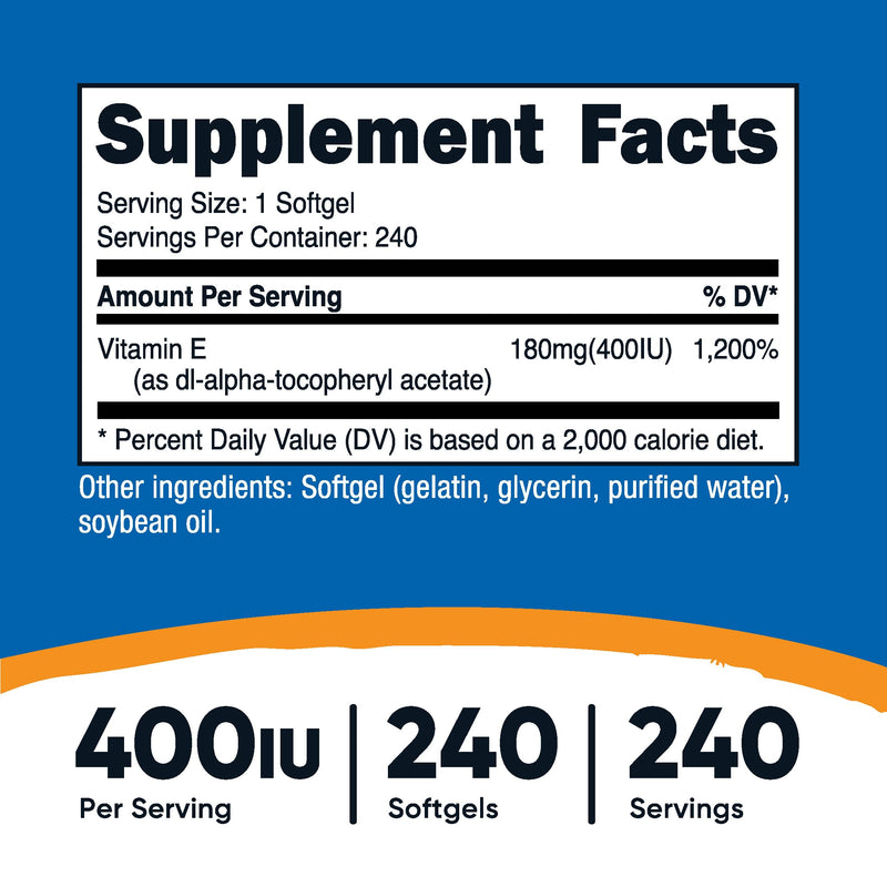 Nutricost Vitamin E 400 IU, 240 Softgel Capsules - Gluten Free, Non-GMO 240 Count (Pack of 1) - BeesActive Australia